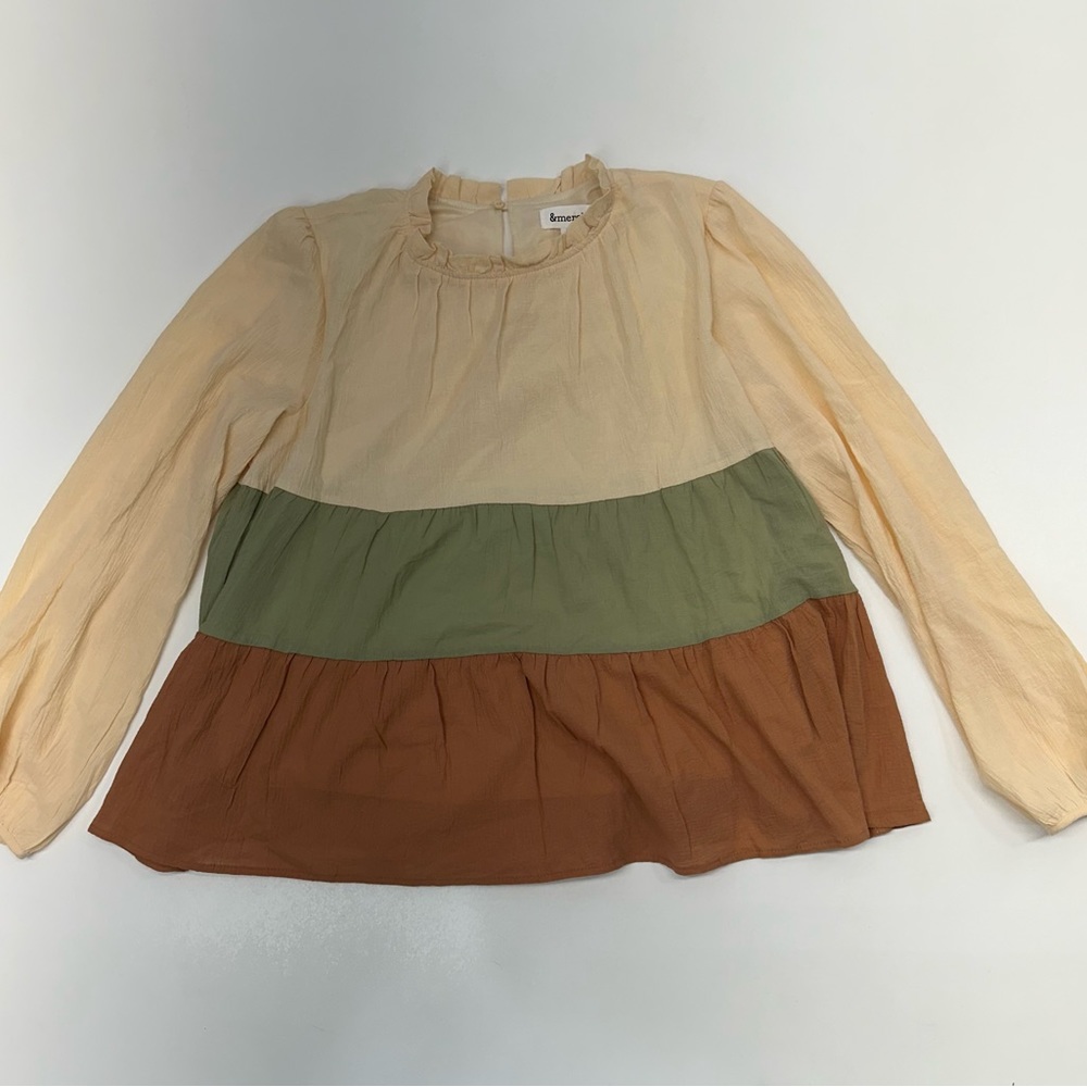 &merci Nude Colorblock Peplum Blouse Long Sleeve Ruff High Neck Womens Size L